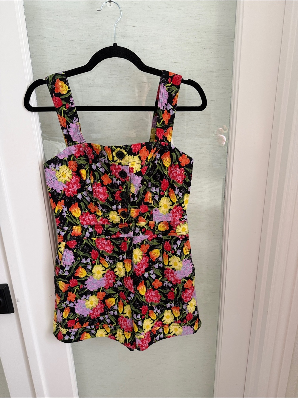 Maeve Black Floral Romper with Bright Multicolor Blooms
